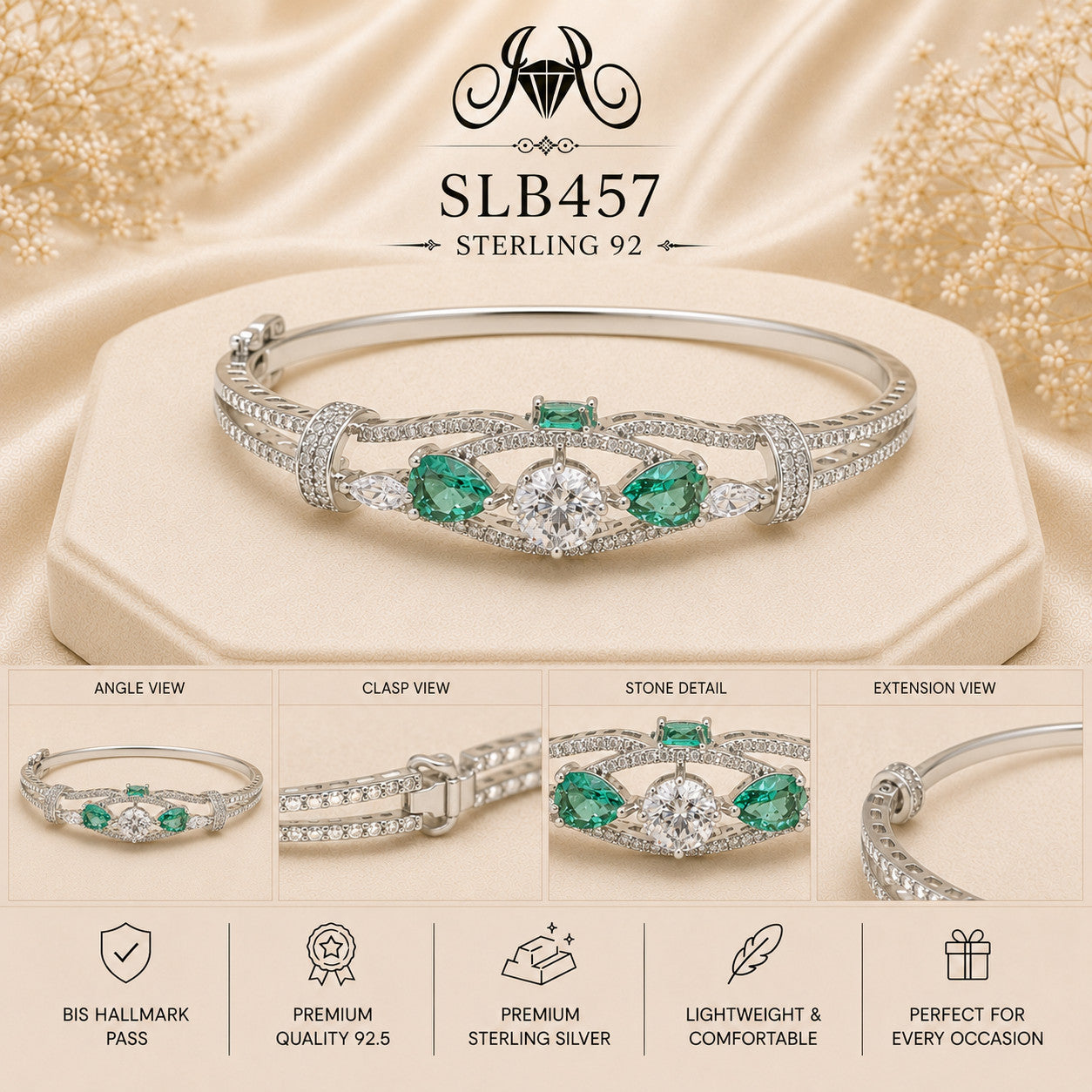 SLB457 sterling silver ladies kada bracelet collage views