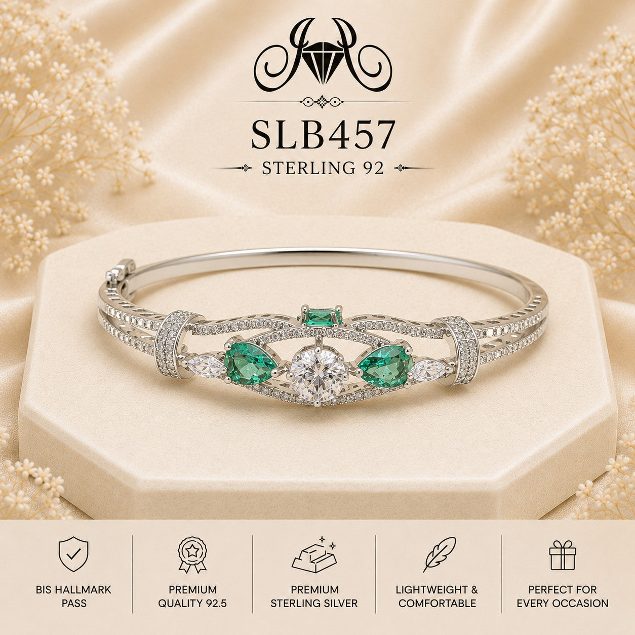 SLB457 sterling silver ladies kada bracelet portrait view