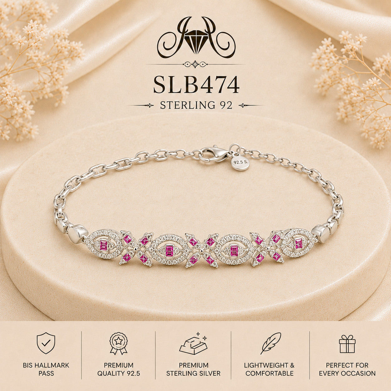 SLB474 92.5 sterling silver ladies chain bracelet portrait