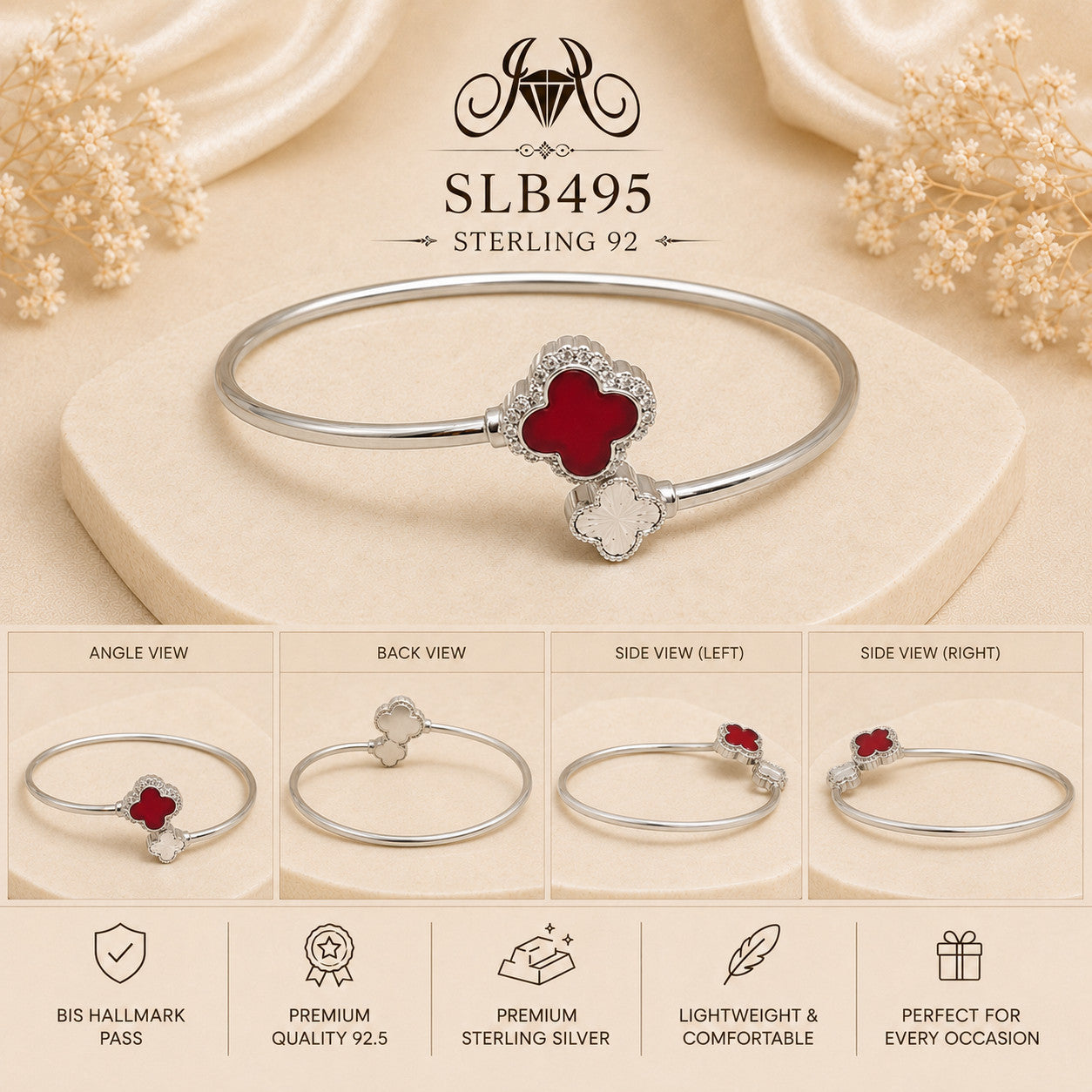 SLB495 sterling silver ladies kada bracelet collage views