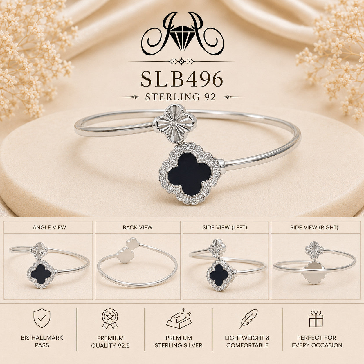 SLB496 sterling silver ladies kada bracelet collage views