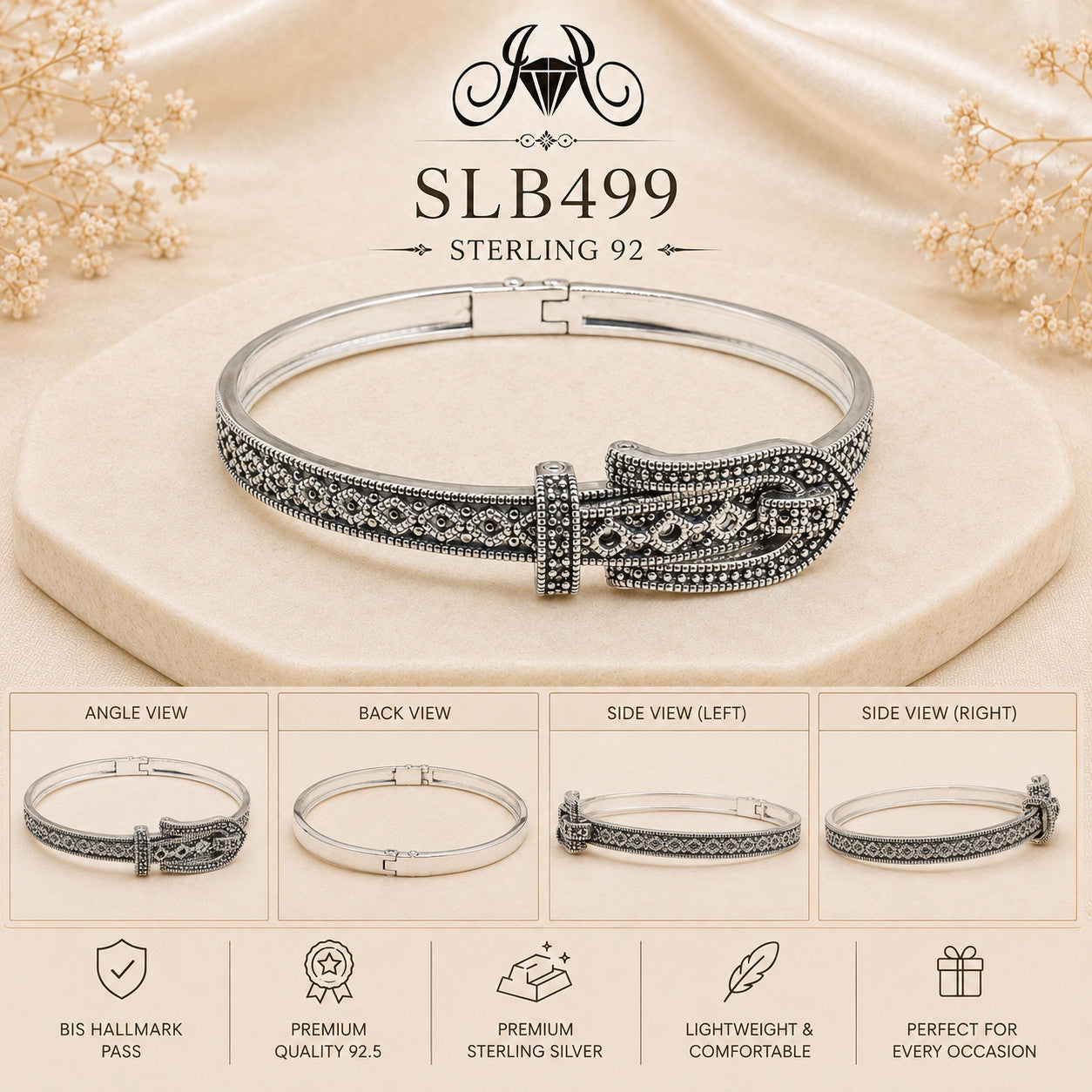 SLB499 sterling silver ladies kada bracelet collage views