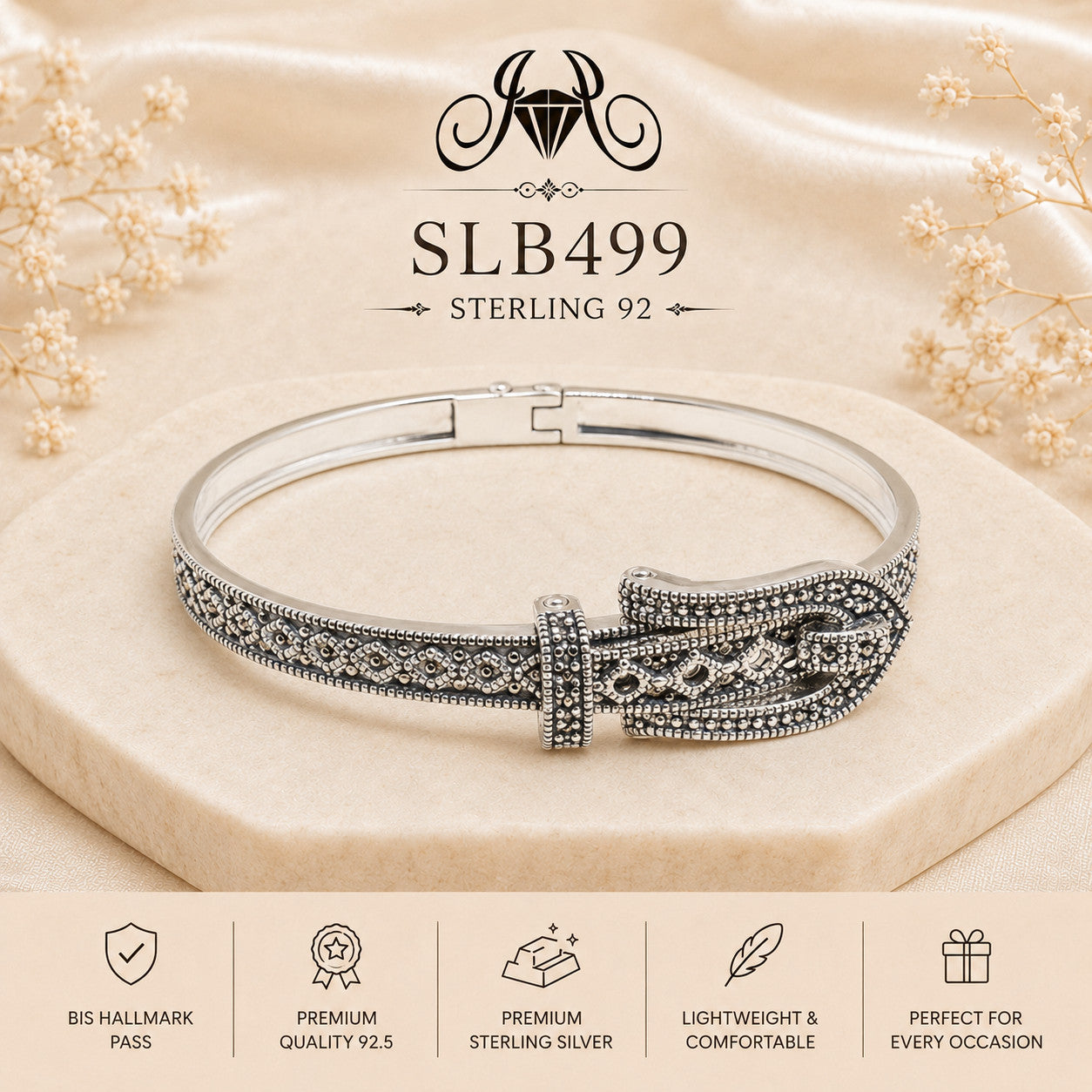 SLB499 sterling silver ladies kada bracelet portrait view