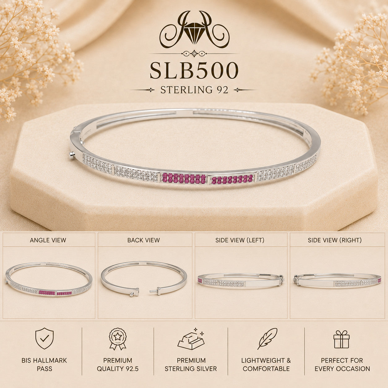 SLB500 sterling silver ladies kada bracelet collage views
