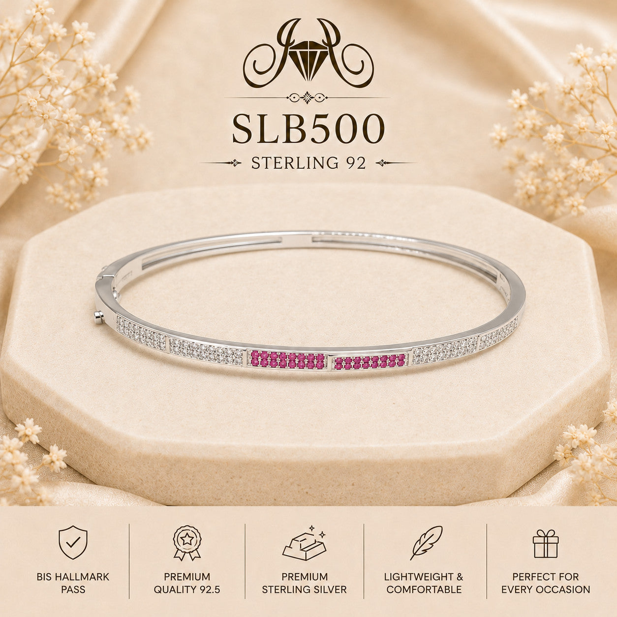 SLB500 sterling silver ladies kada bracelet portrait view