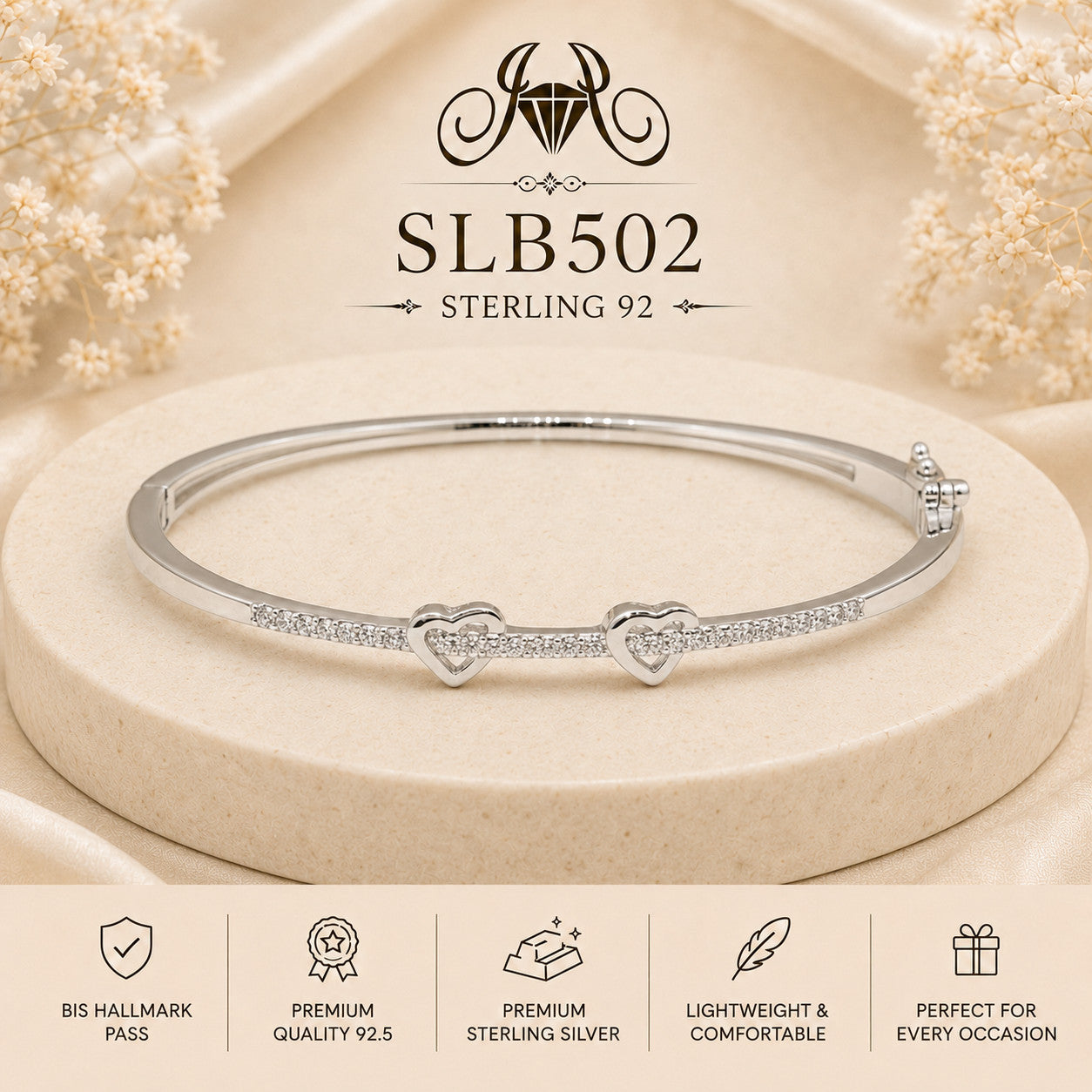 SLB502 sterling silver ladies kada bracelet portrait view