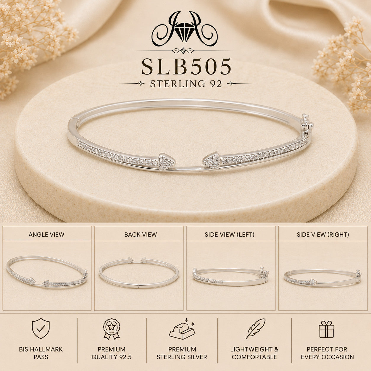 SLB505 sterling silver ladies kada bracelet collage views