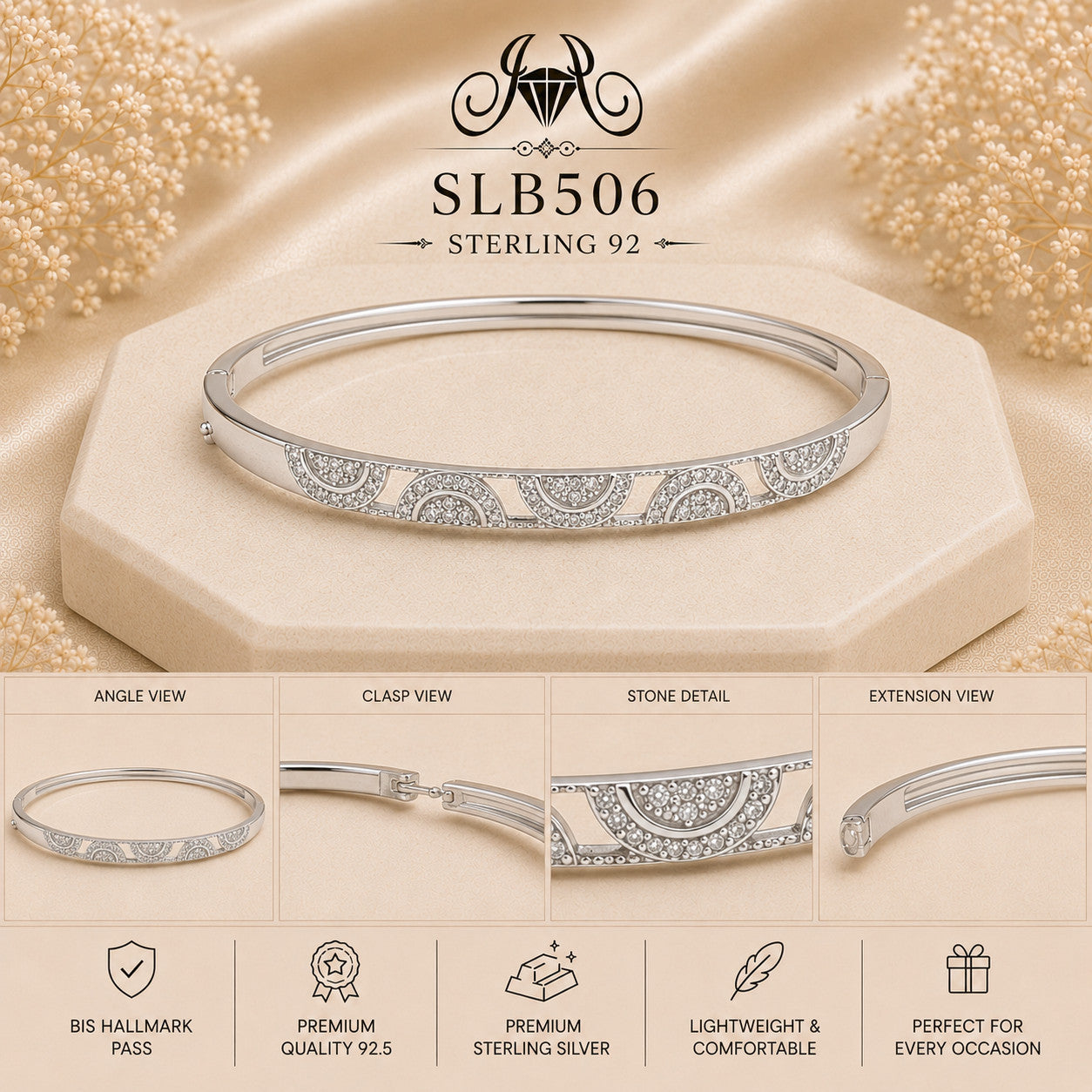 SLB506 sterling silver ladies kada bracelet collage views