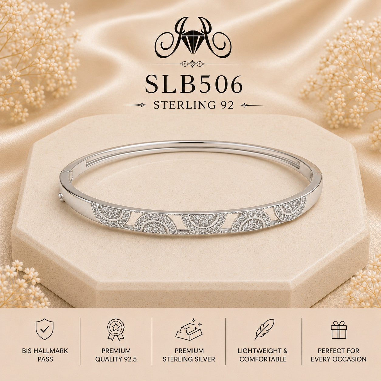 SLB506 sterling silver ladies kada bracelet portrait view