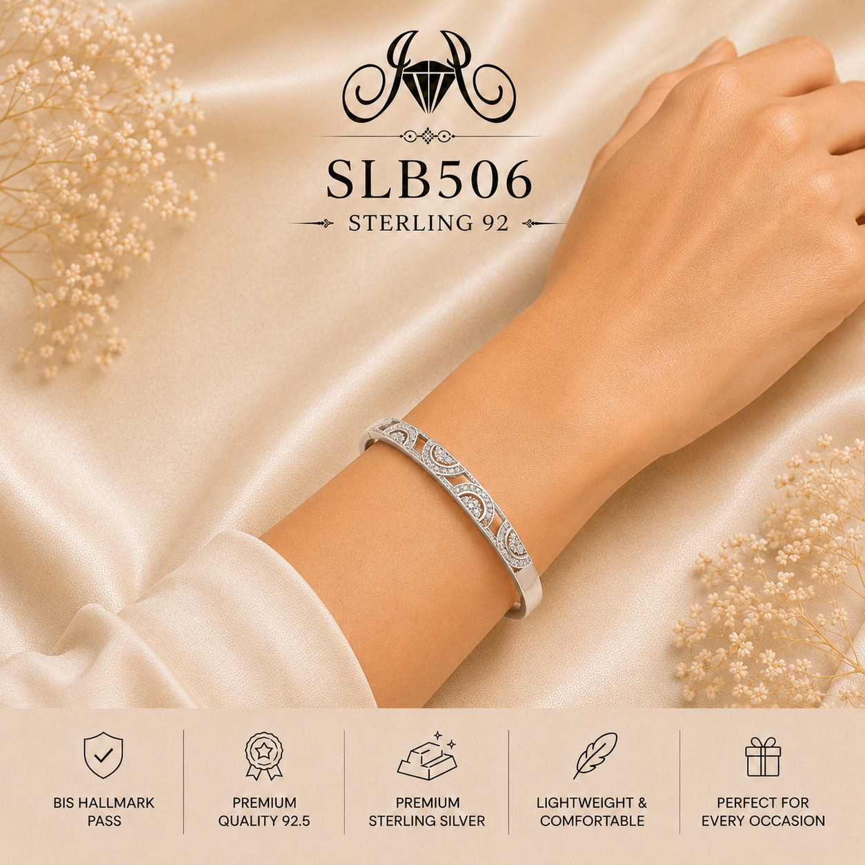 SLB506 sterling silver ladies kada bracelet wearing view