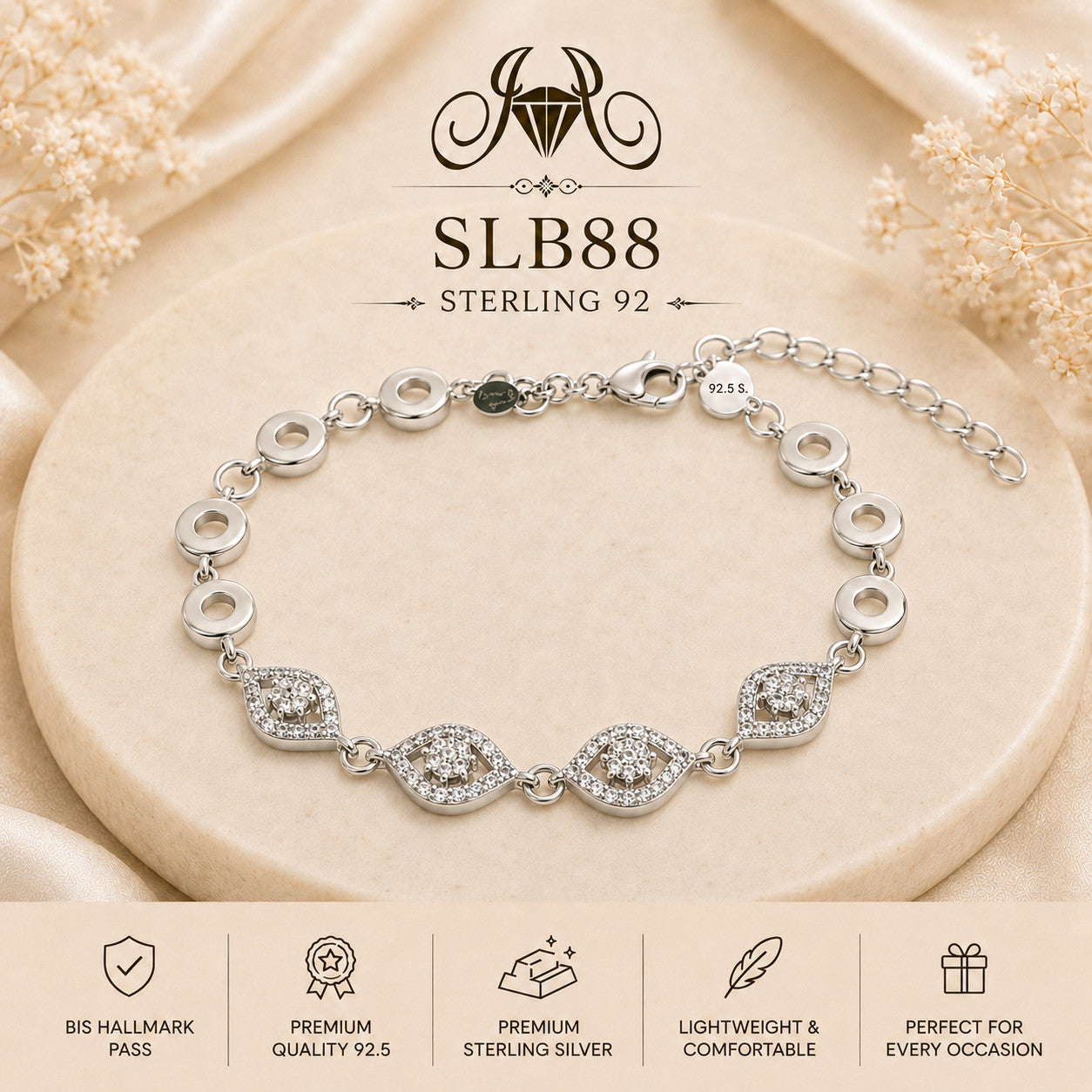 SLB88 92.5 sterling silver ladies chain bracelet portrait