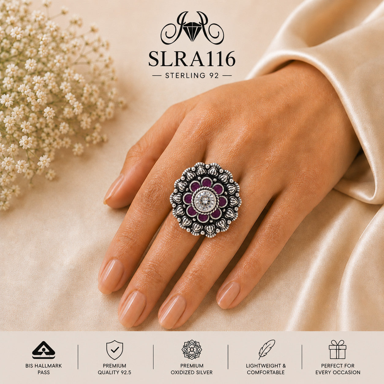 SLRA116 oxidized sterling silver ring worn on hand