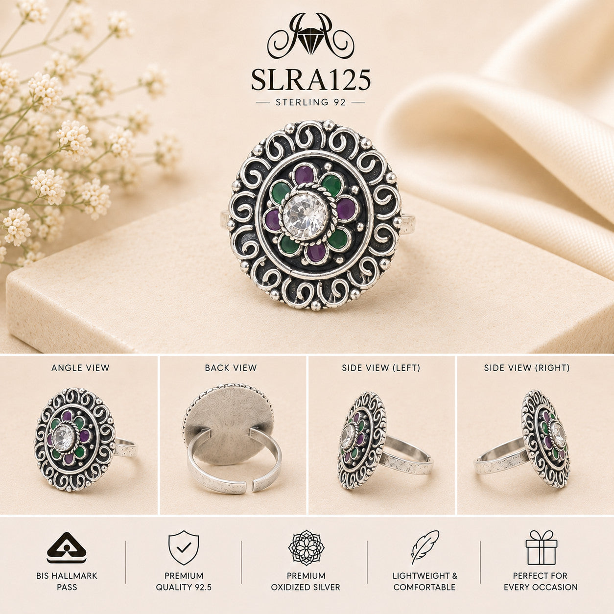 SLRA125 oxidized sterling silver ring multiple angle views