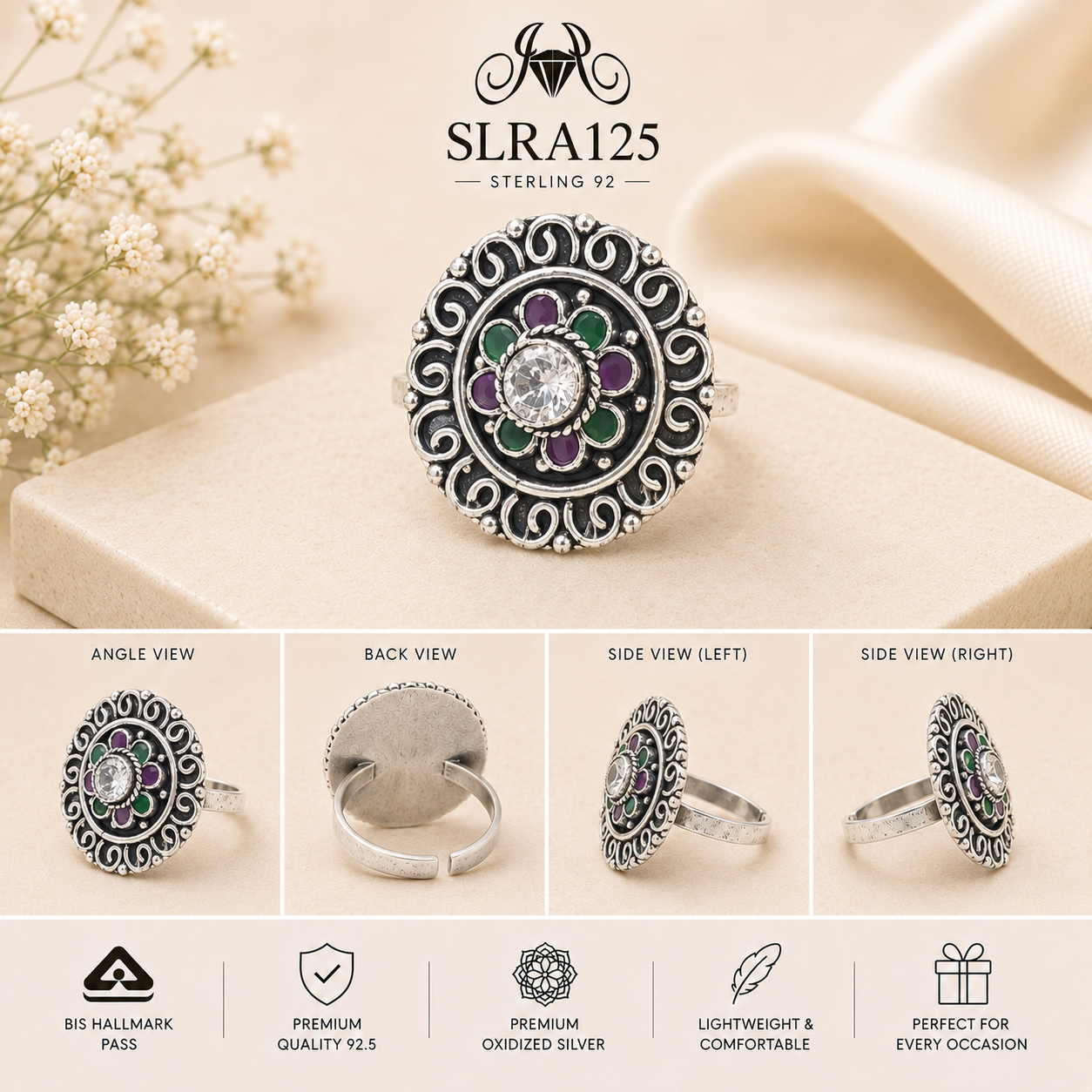 SLRA125 oxidized sterling silver ring multiple angle views