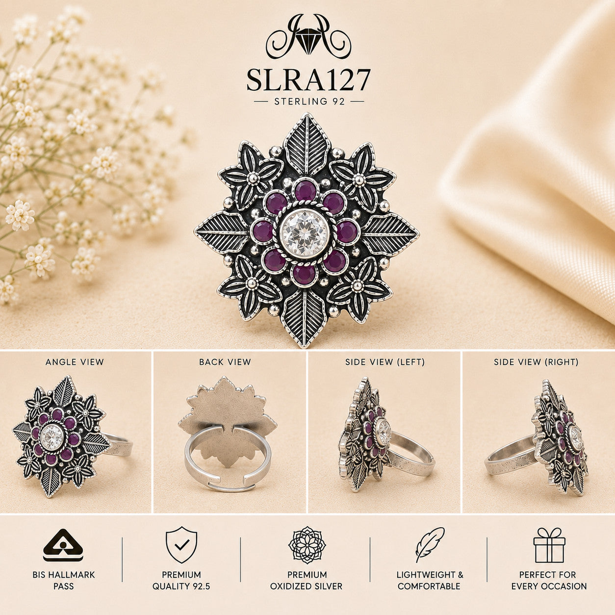 SLRA127 oxidized sterling silver ring multiple angle views