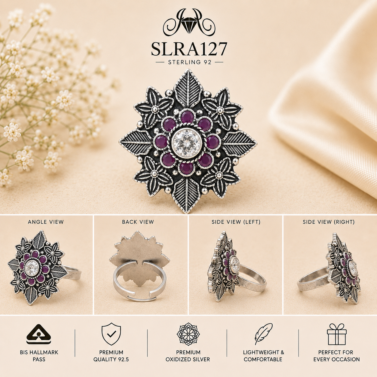 SLRA127 oxidized sterling silver ring multiple angle views