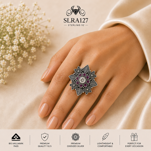 SLRA127 oxidized sterling silver ring worn on hand