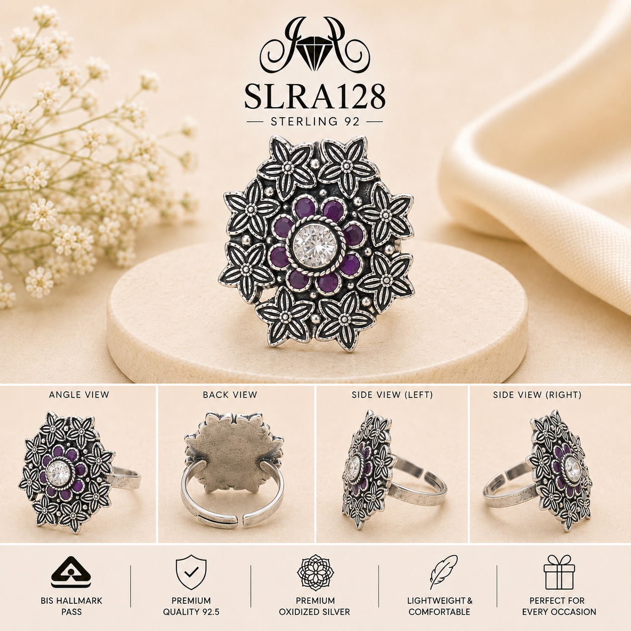 SLRA128 oxidized sterling silver ring multiple angle views
