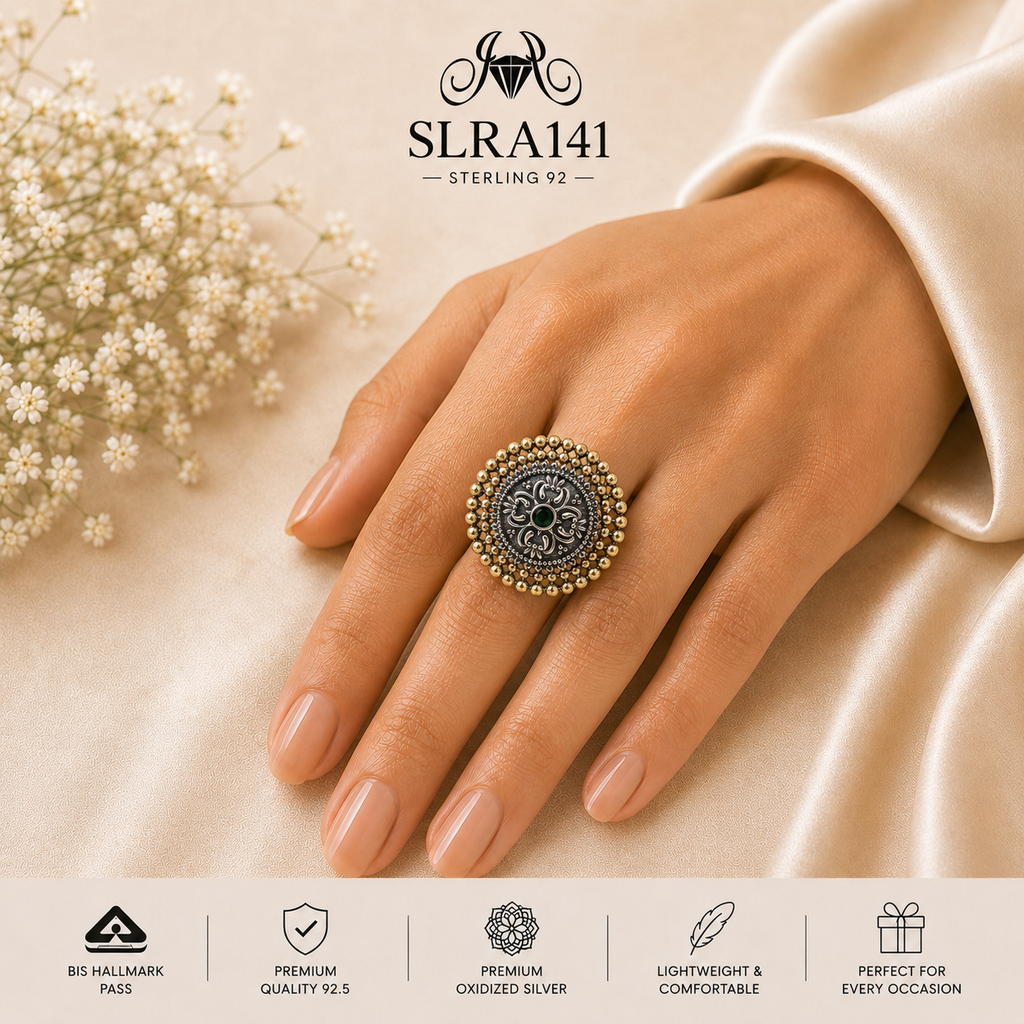SLRA141 oxidized sterling silver ring worn on hand