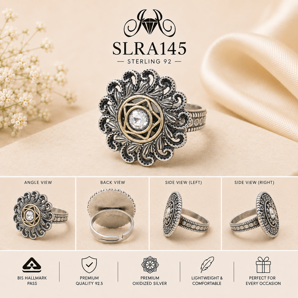 SLRA145 oxidized sterling silver ring multiple angle views