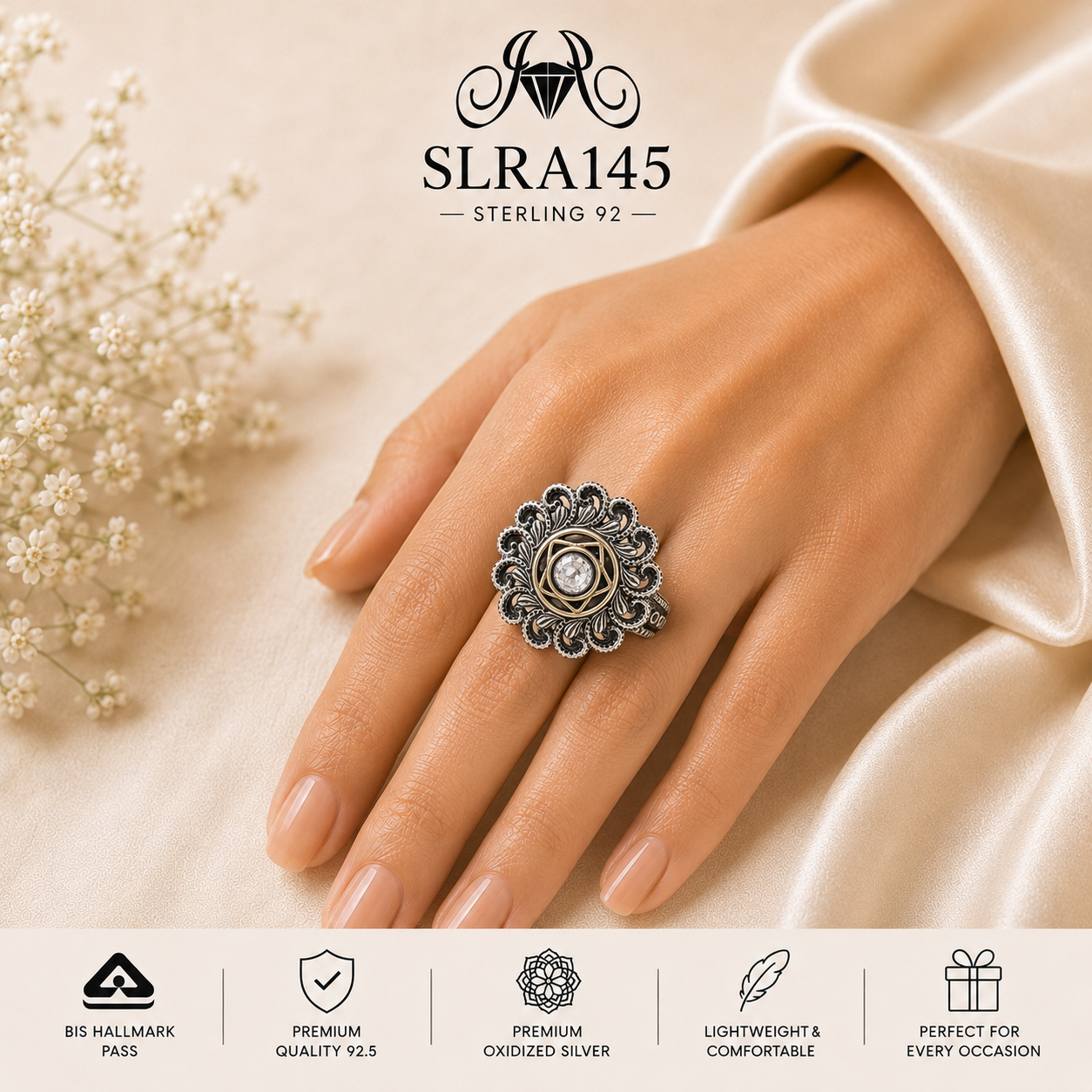 SLRA145 oxidized sterling silver ring worn on hand