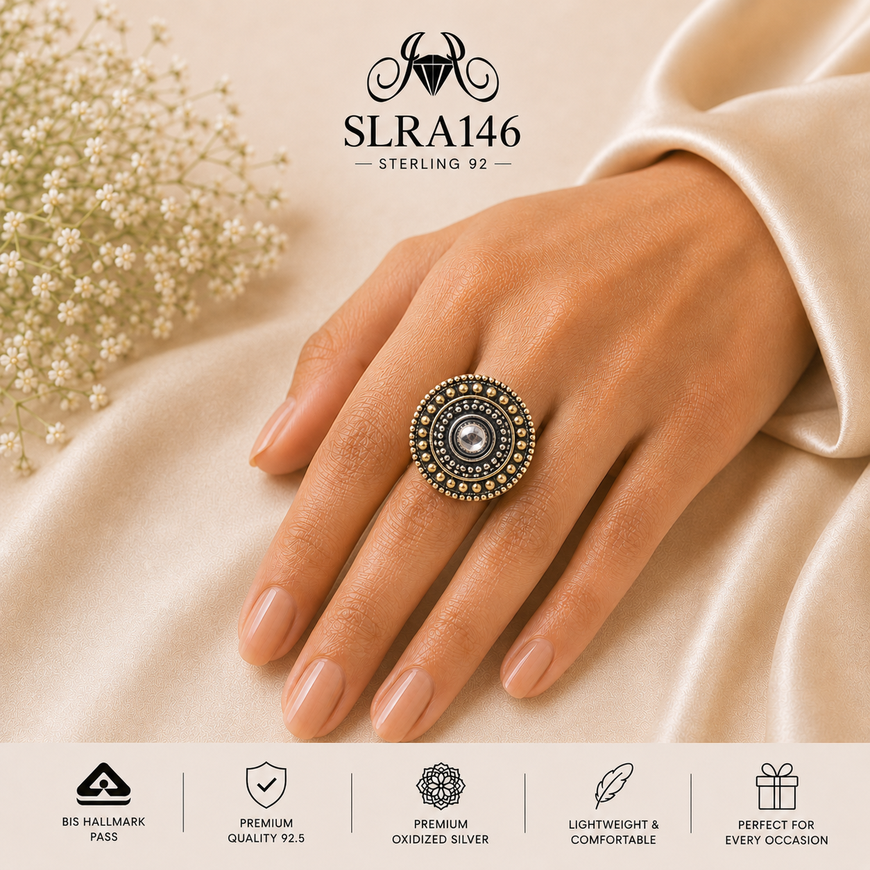 SLRA146 oxidized sterling silver ring worn on hand