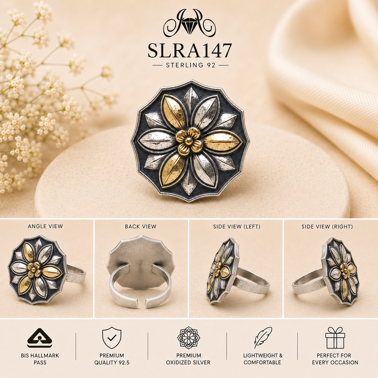 SLRA147 oxidized sterling silver ring multiple angle views