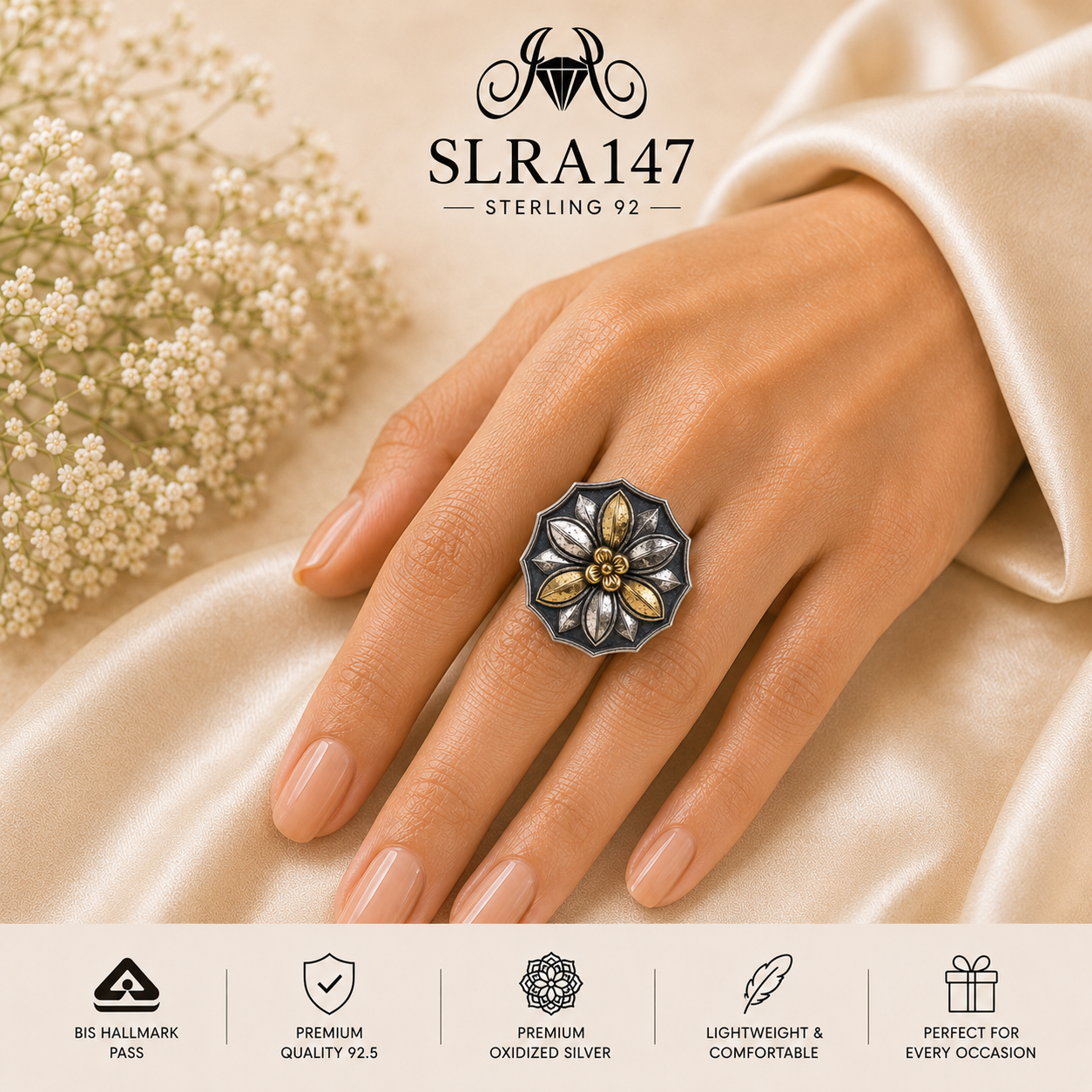 SLRA147 oxidized sterling silver ring worn on hand