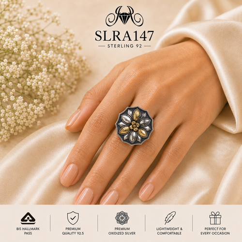 SLRA147 oxidized sterling silver ring worn on hand