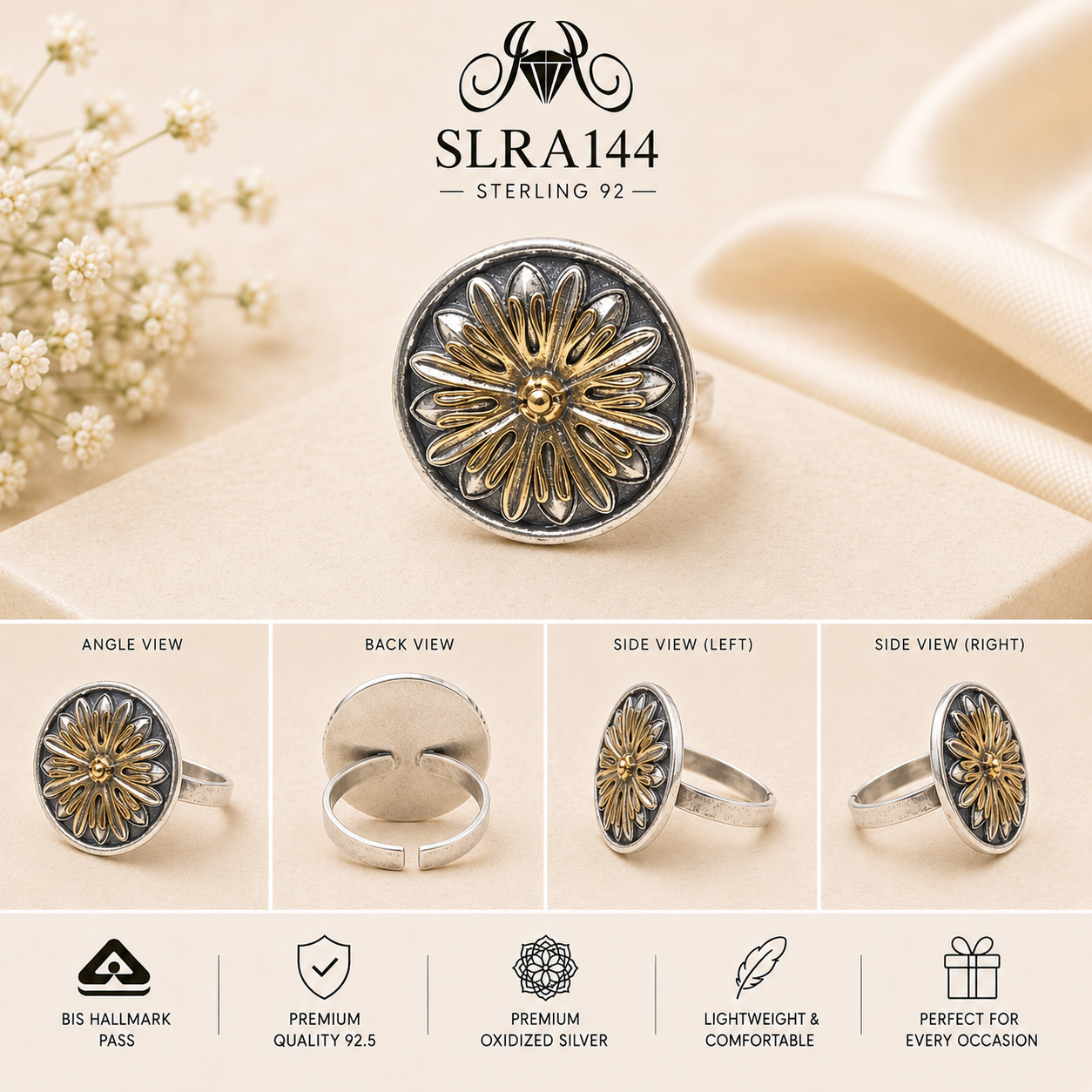 SLRA14 oxidized sterling silver ring multiple angle views