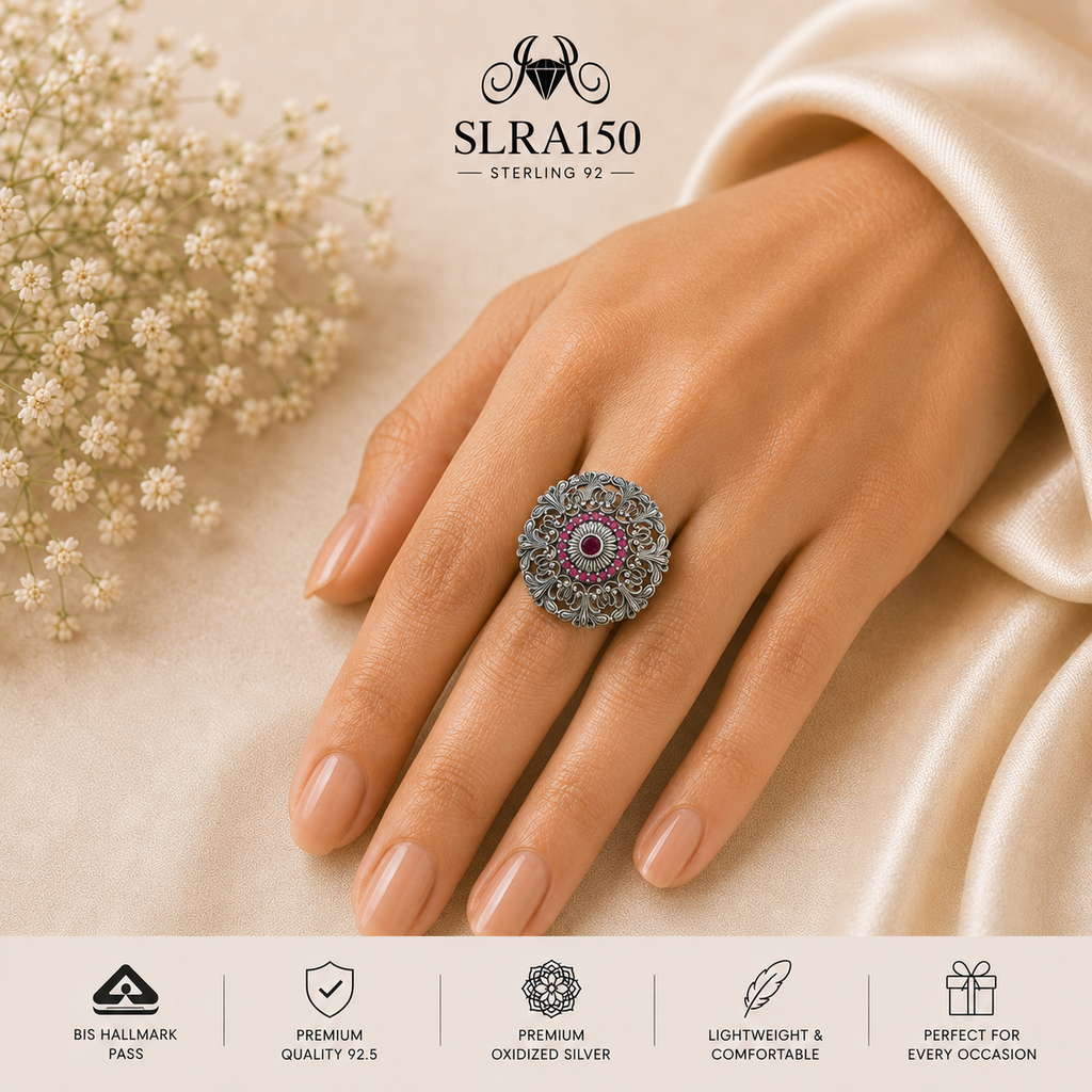 SLRA150 oxidized sterling silver ring worn on hand