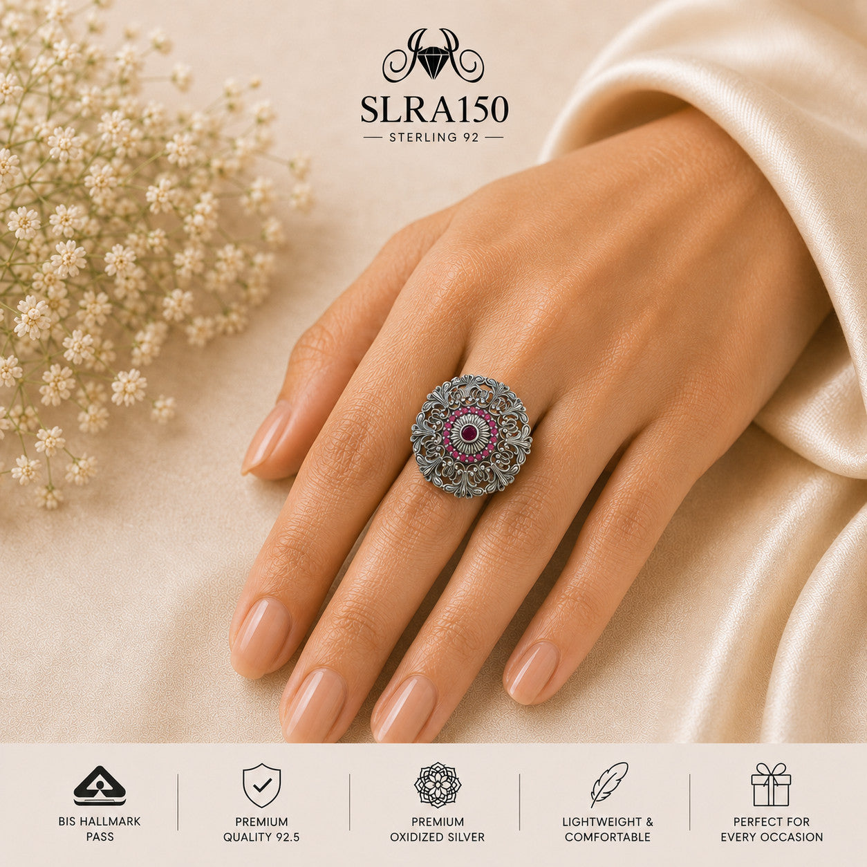 SLRA150 oxidized sterling silver ring worn on hand