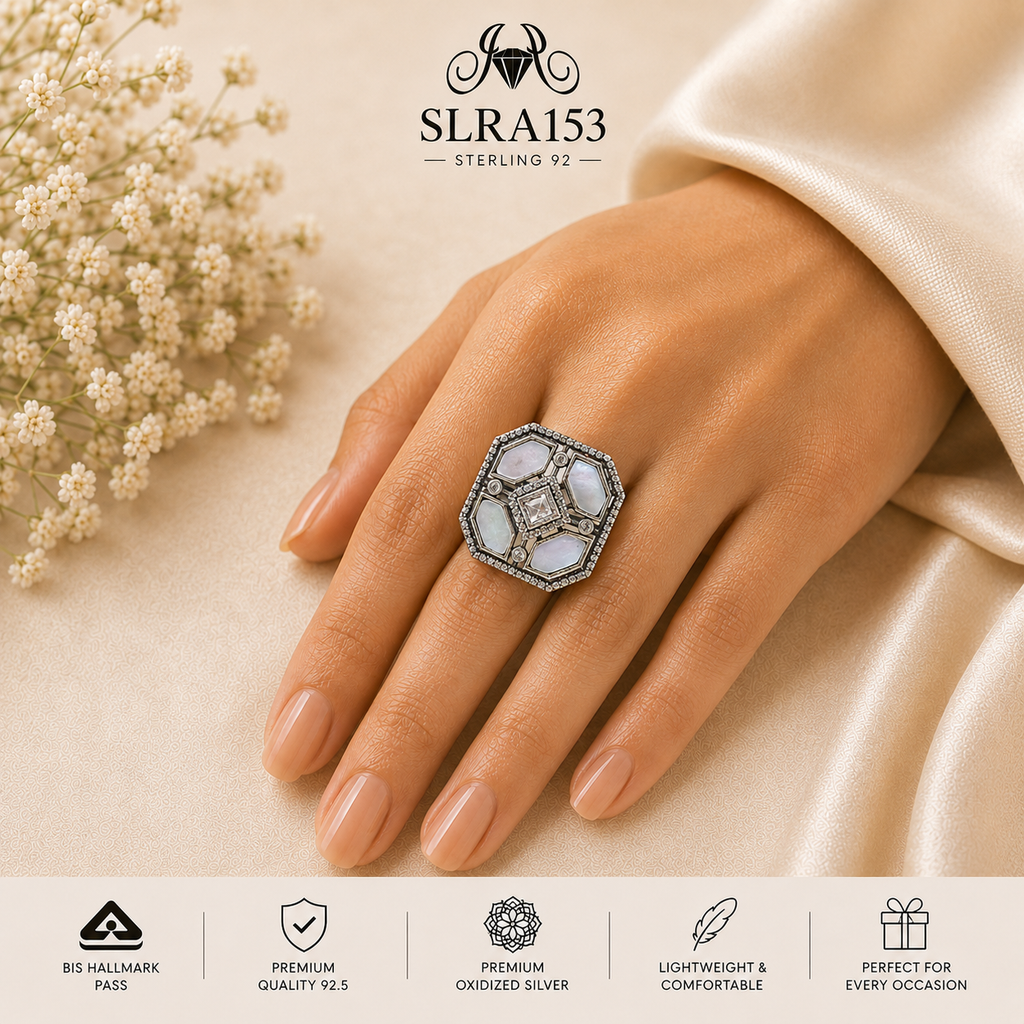 SLRA153 oxidized sterling silver ring worn on hand