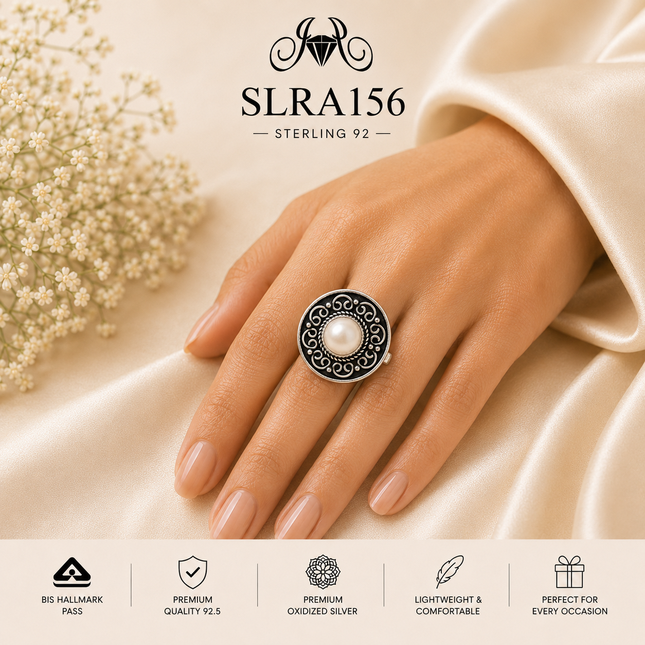 SLRA156 oxidized sterling silver ring worn on hand