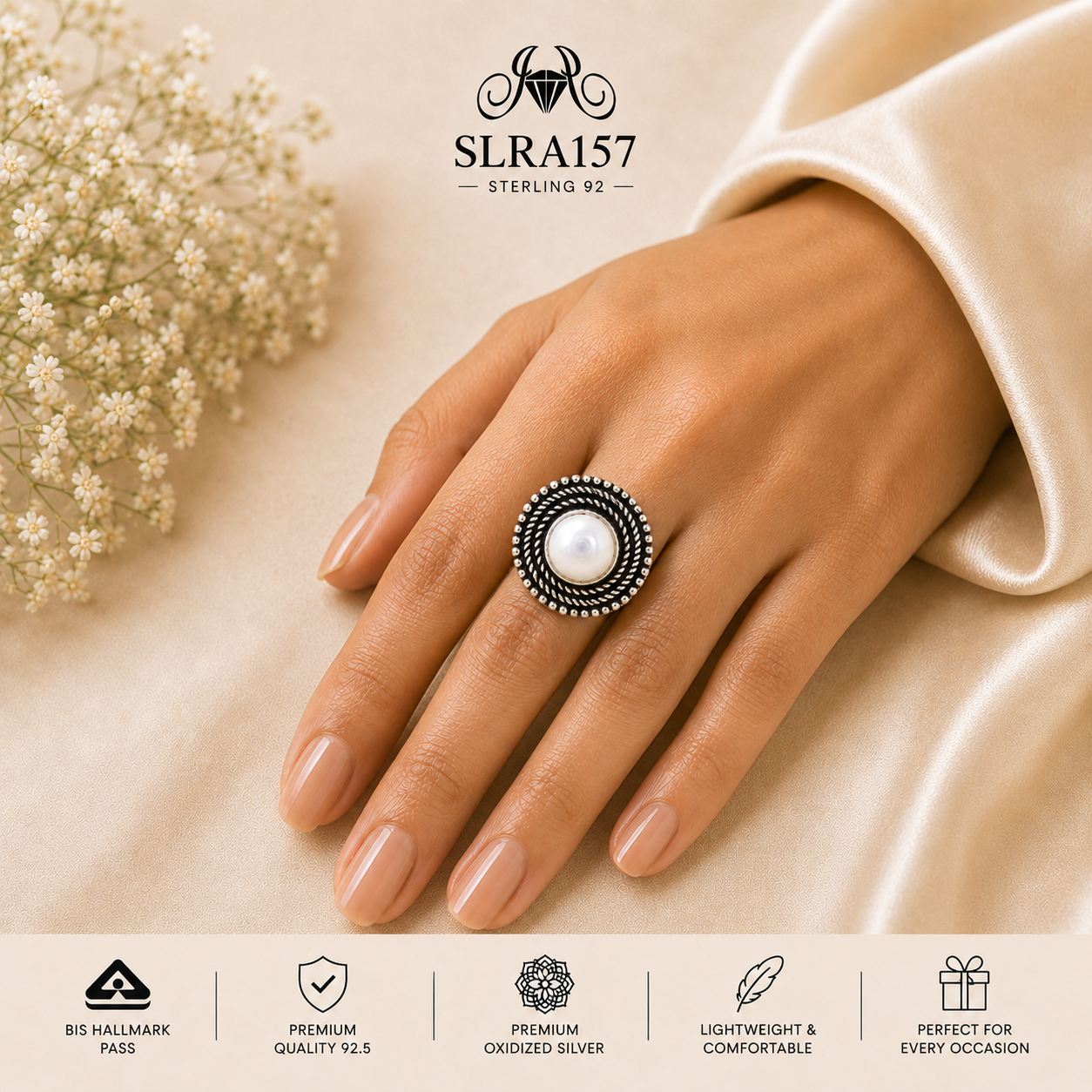 SLRA157 oxidized sterling silver ring worn on hand