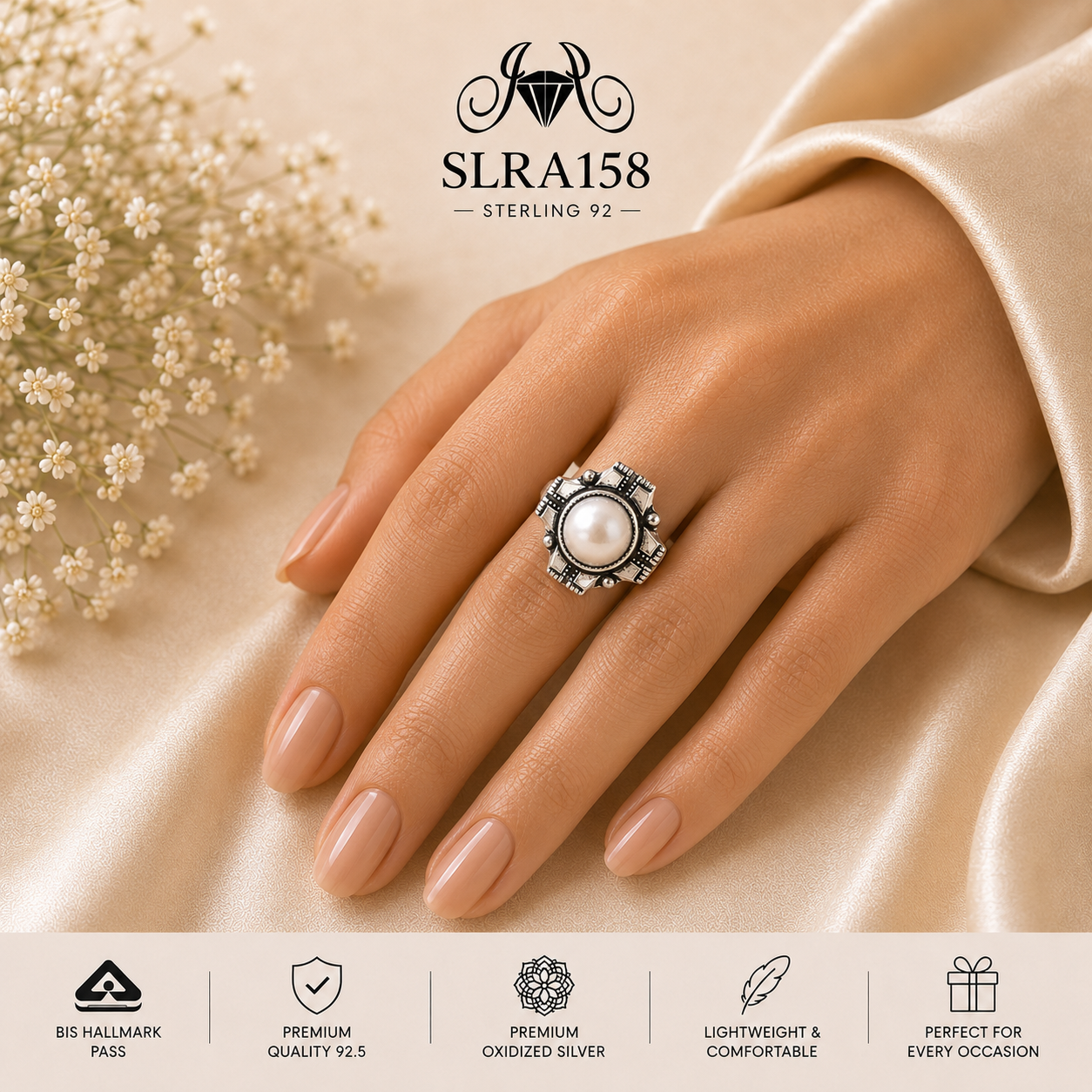 SLRA158 oxidized sterling silver ring worn on hand