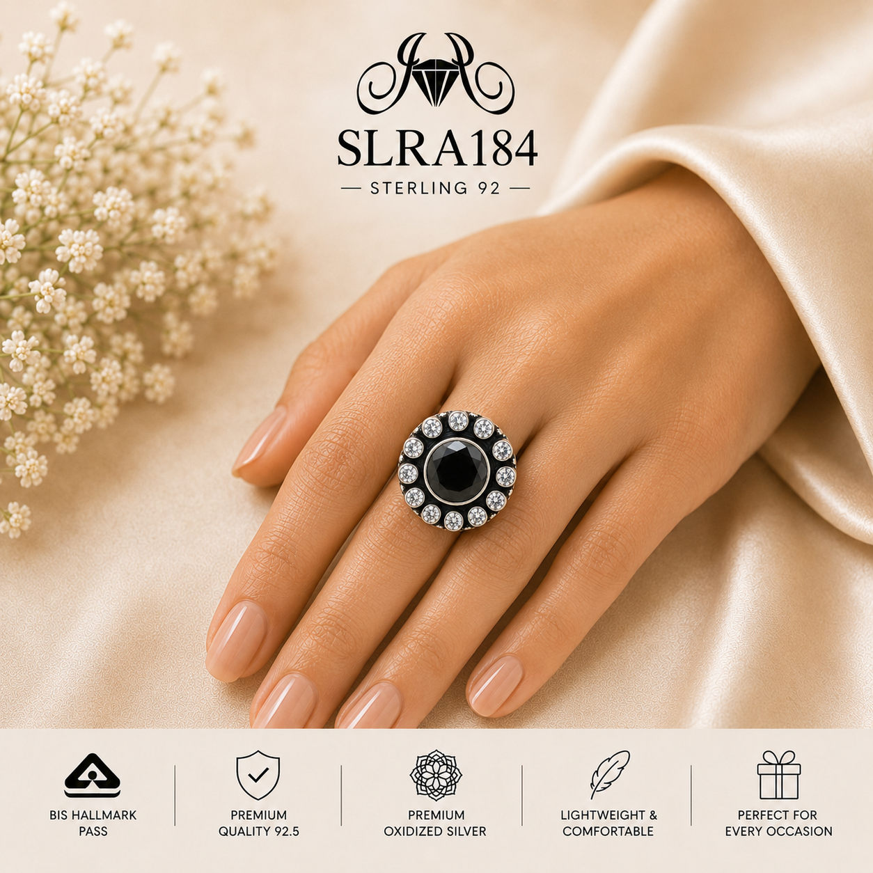 SLRA184 oxidized sterling silver ring worn on hand
