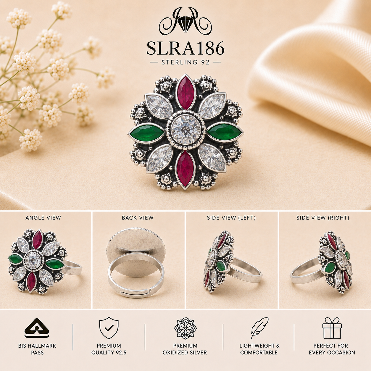 SLRA186 oxidized sterling silver ring multiple angle views