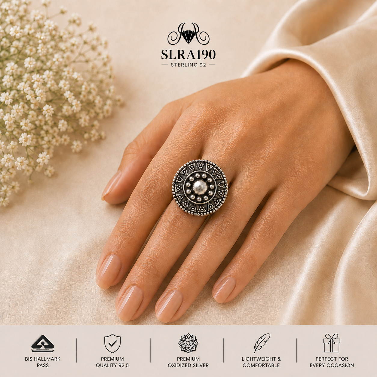 SLRA190 oxidized sterling silver ring worn on hand