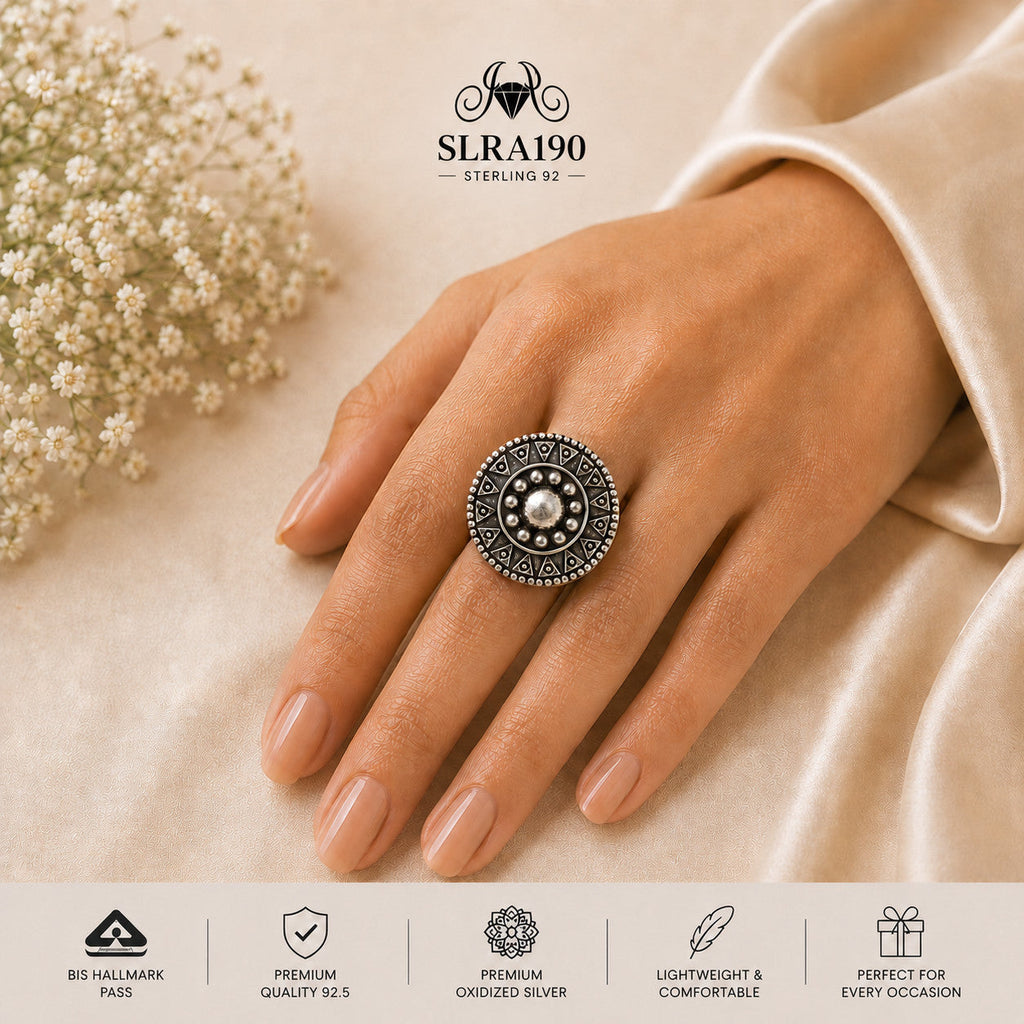 SLRA190 oxidized sterling silver ring worn on hand