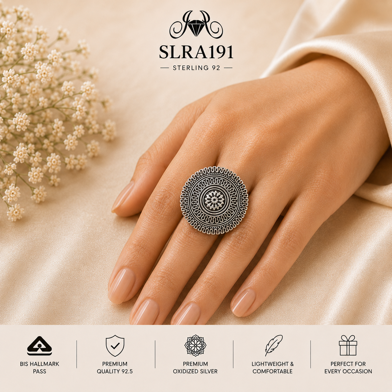SLRA191 oxidized sterling silver ring worn on hand