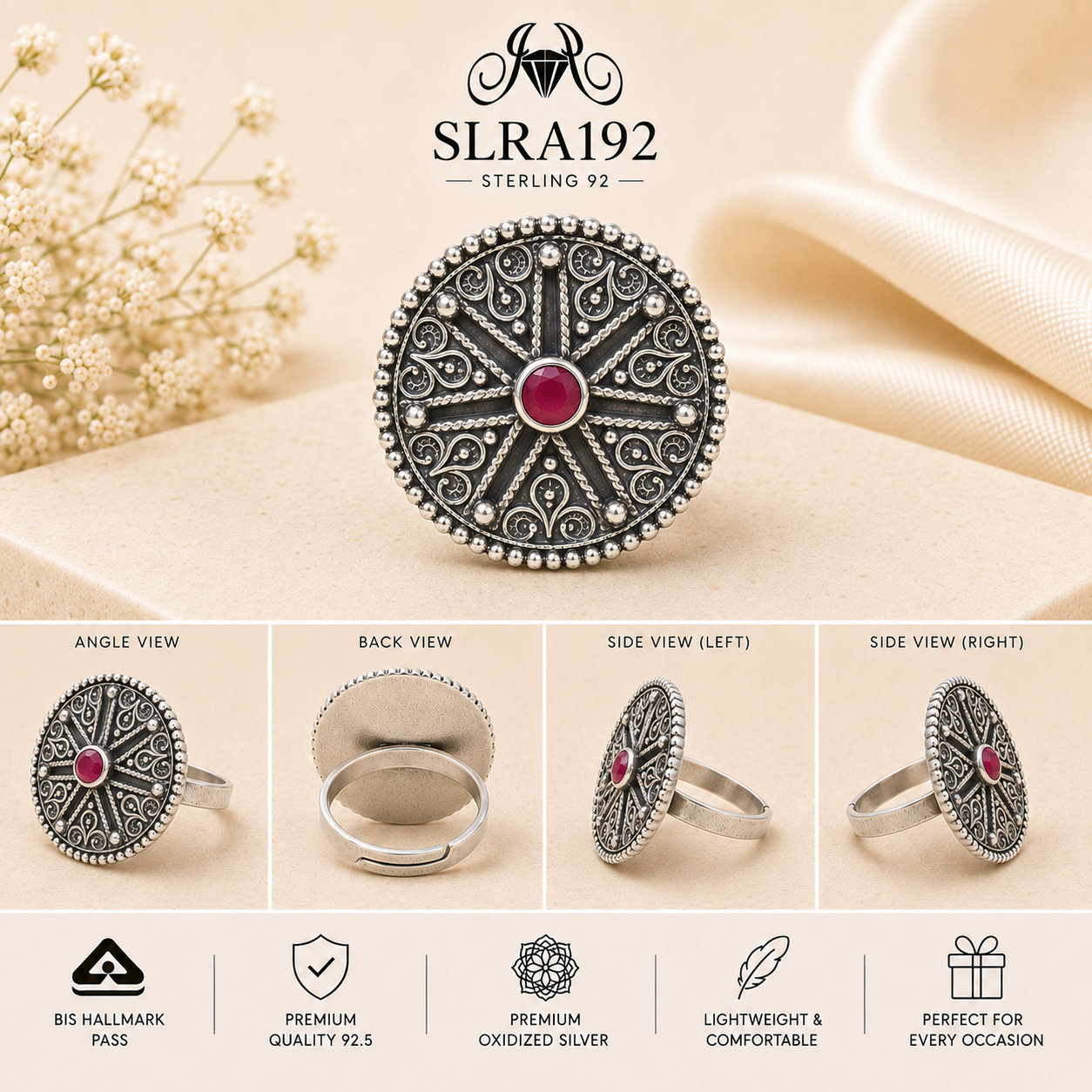 SLRA192 oxidized sterling silver ring multiple angle views