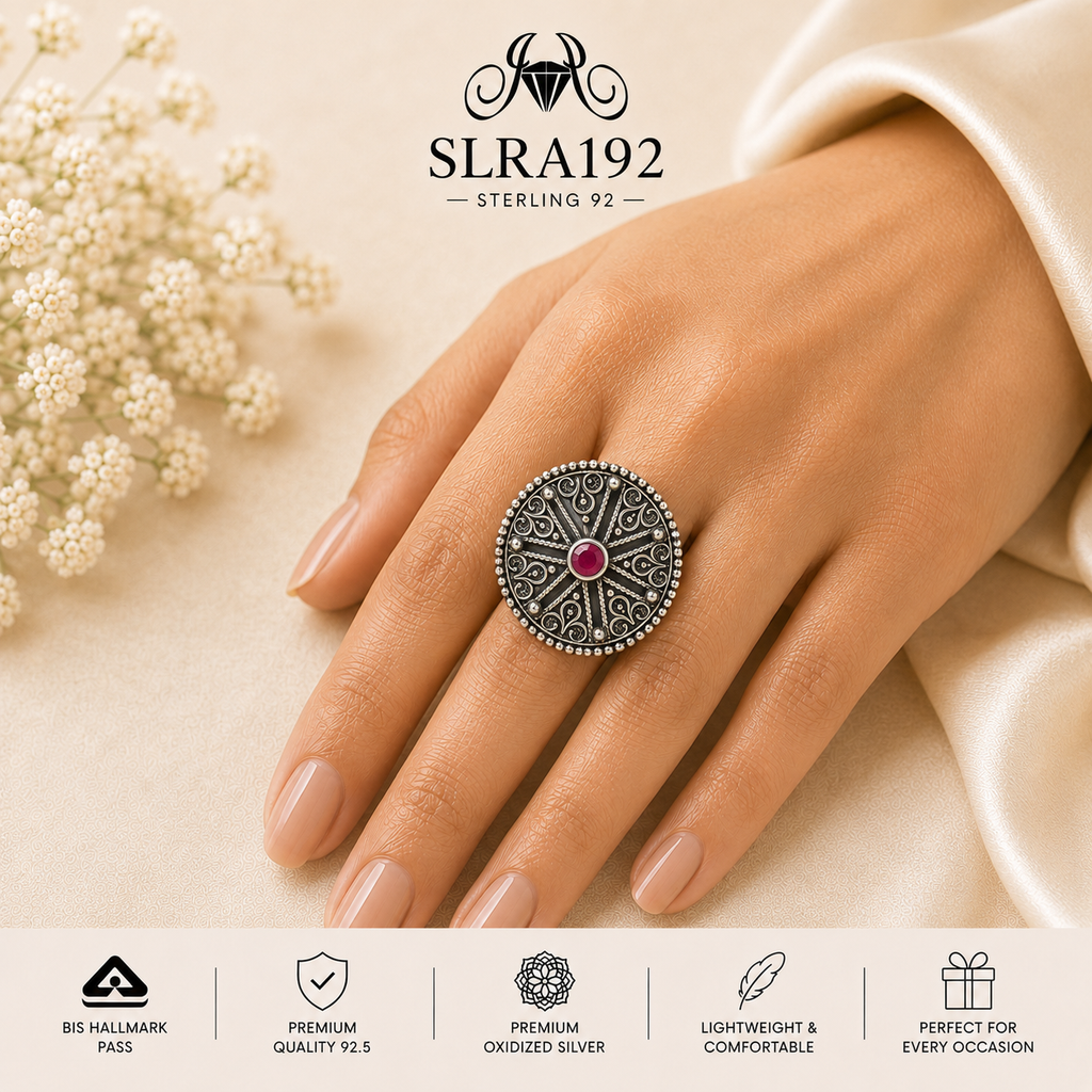 SLRA192 oxidized sterling silver ring worn on hand