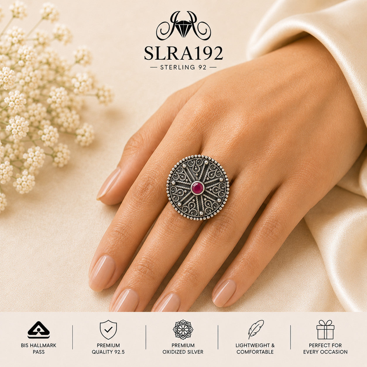 SLRA192 oxidized sterling silver ring worn on hand