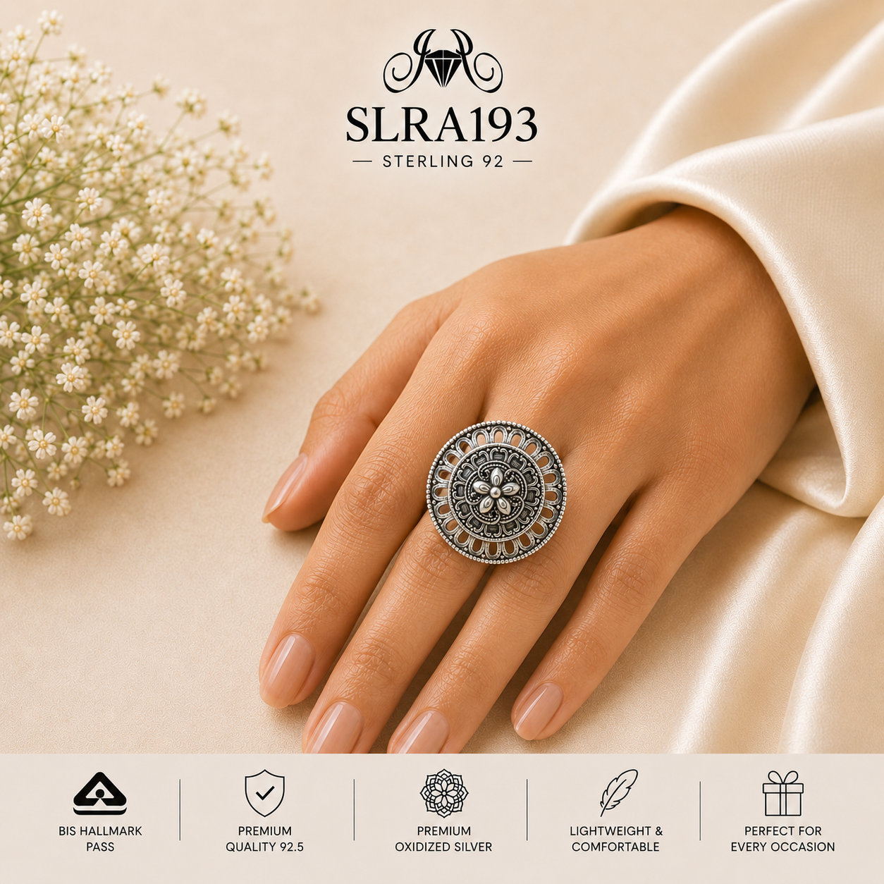 SLRA193 oxidized sterling silver ring worn on hand