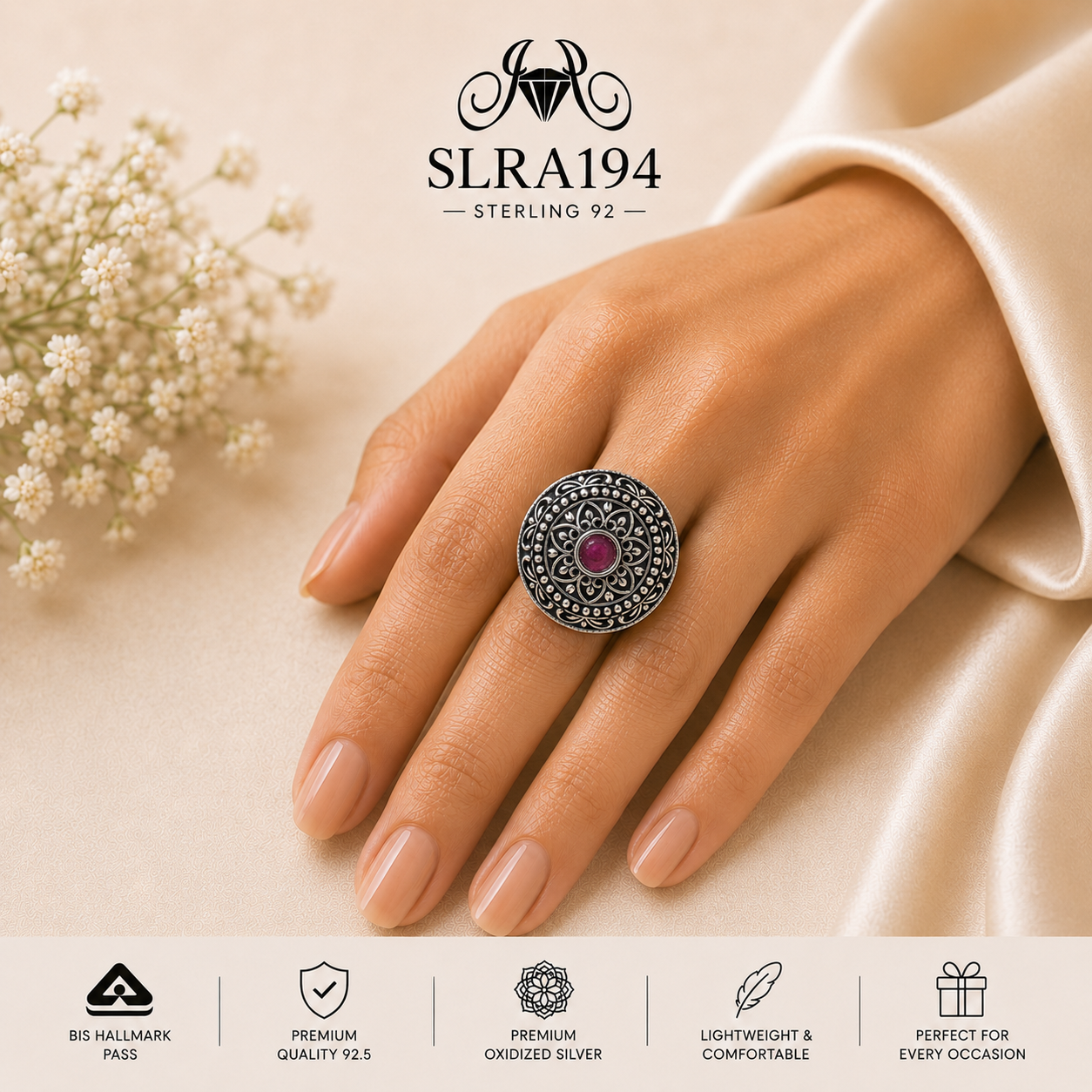 SLRA194 oxidized sterling silver ring worn on hand