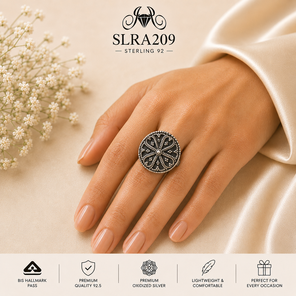SLRA209 oxidized sterling silver ring worn on hand