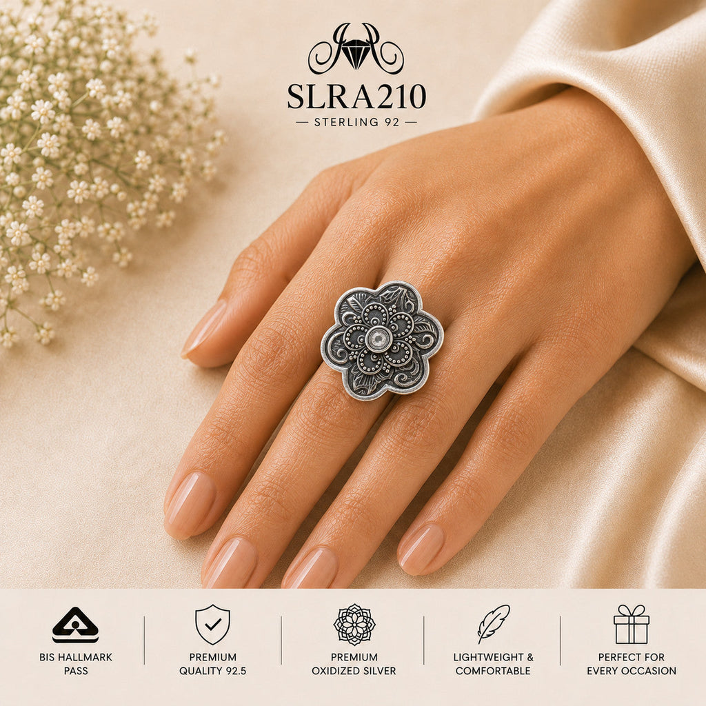 SLRA210 oxidized sterling silver ring worn on hand