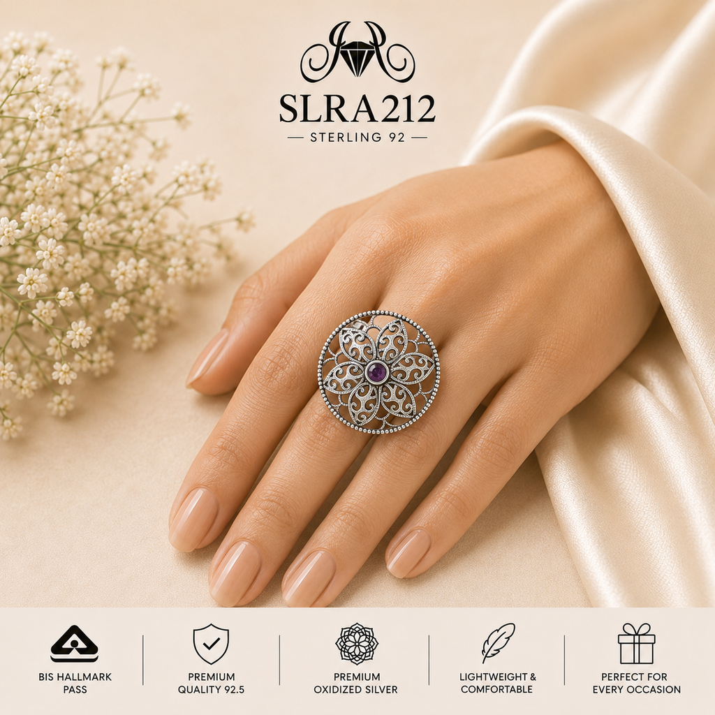 SLRA212 oxidized sterling silver ring worn on hand