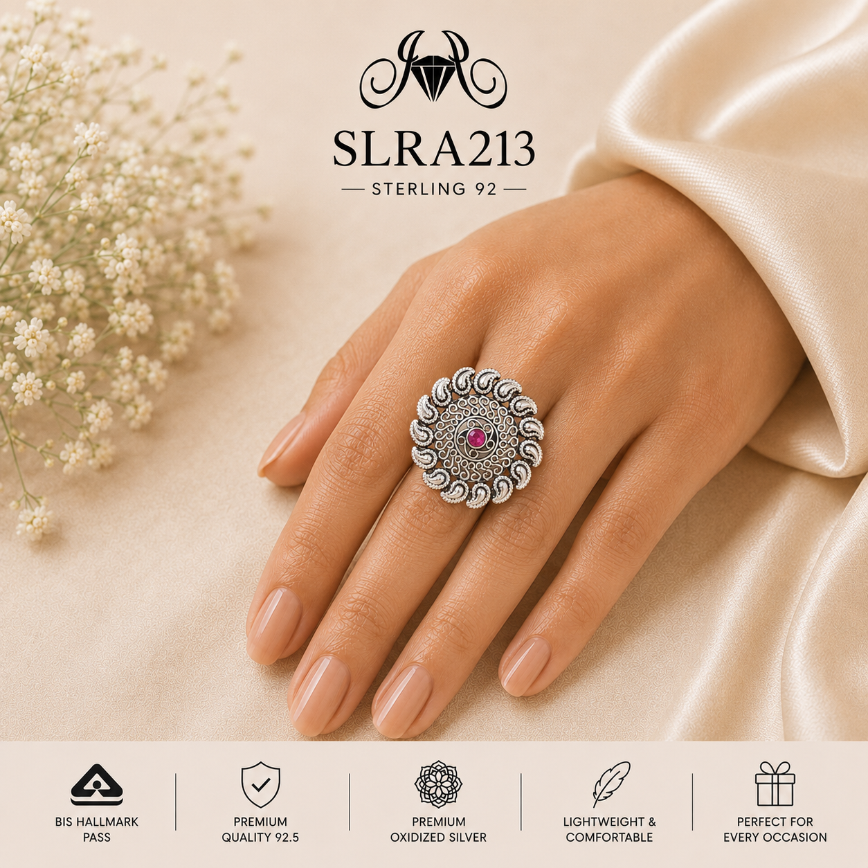 SLRA213 oxidized sterling silver ring worn on hand